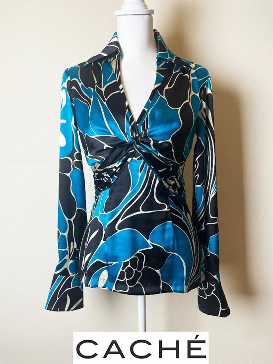 Cache Tops - RARE 100% SILK CACHÉ Twist Front Blue Black Vintage Blouse Size Small EUC